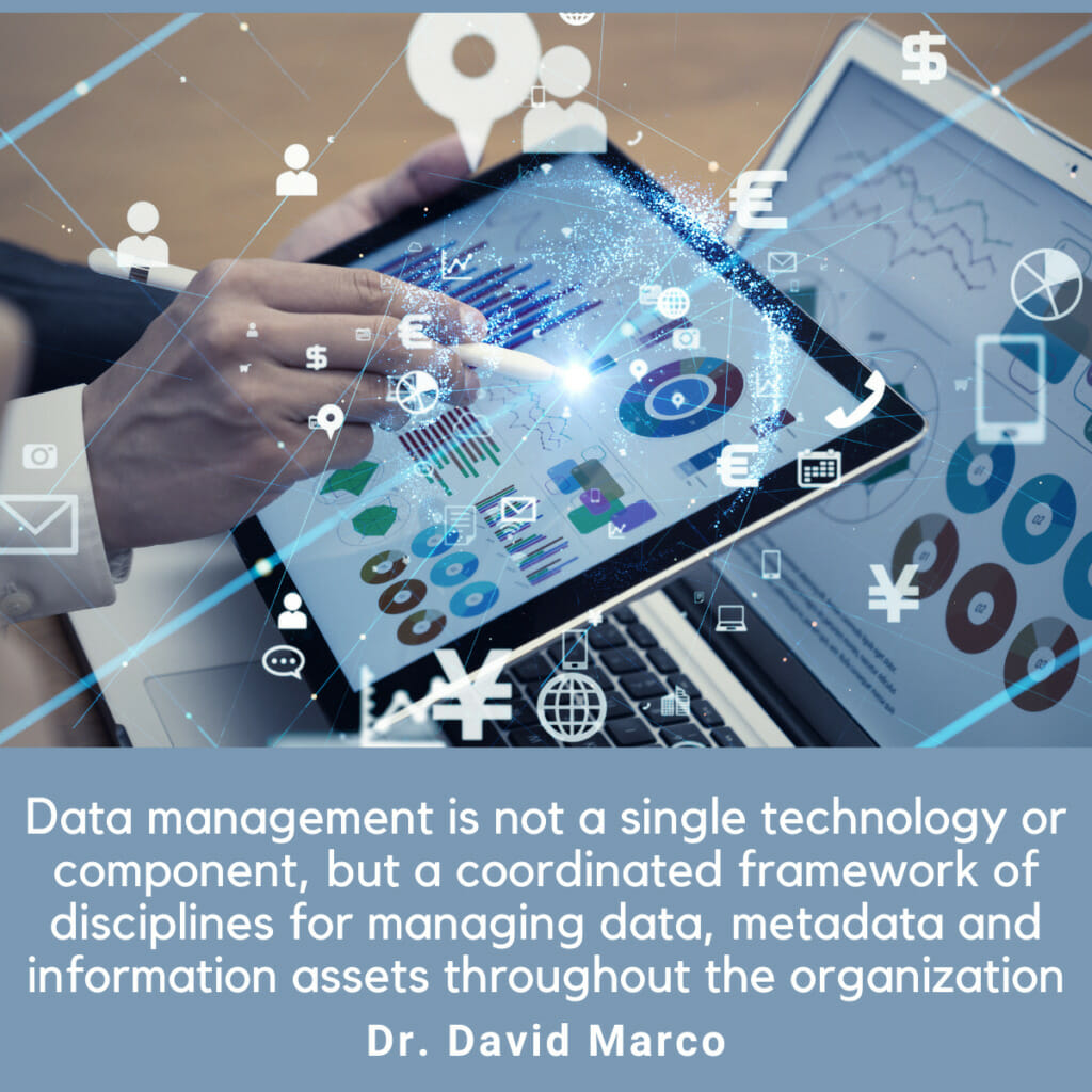 Data management is not a single technology or component, coordinated framework of disciplines for managing data, metadata and information assets throughout the organization