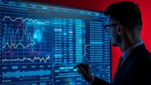 An executive in a collared shirt and suit jacket studies an immense, dimly-lit screen filled with blue business graphs and live data