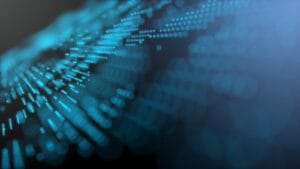 Glowing blue streams of digital data flowing through a dark, futuristic technology background